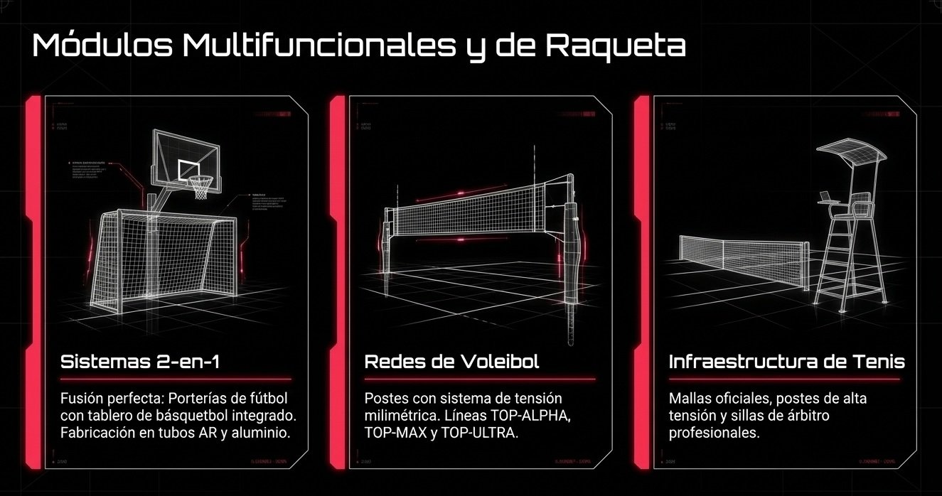 Módulos Multifuncionales: Porterías 2 en 1 y postes de voleibol con sistemas de tensión variable.